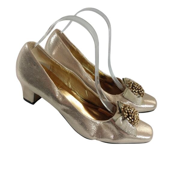 PIERRE DUMAS! GOLD LAME FABRIC W/GROSGRAIN + BOW & BEAD FOCAL PT.! SZ 8.5M - Picture 4 of 12